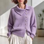Cardigan Asymmetric Wide Collar Pearl Buckle Knitted Sweater