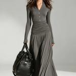 V-neck Double-breasted Long Sleeve Waist-controlled Large Hem Dress