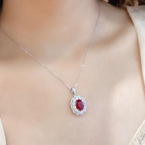 S925 Silver 5.2g Lab-Created Ruby Necklace, 10x7mm Halo Pendant, 40&5cm, GRA Certified