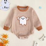 Baby Girl Waffle Knit Striped Long Sleeve Romper with Ghost Embroidery