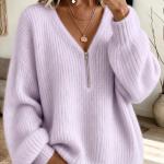 Half-zip V-neck Chunky-knit Sweater Relaxed-fit Knit Top