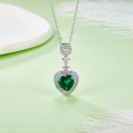 S925 Silver 4.2g Platinum Plated 1.45ct Lab-Created Emerald Heart Necklace, 8mm Halo Pendant, 40&5cm
