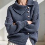 Cardigan Asymmetric Wide Collar Pearl Buckle Knitted Sweater