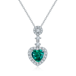 S925 Silver 4.2g Platinum Plated 1.45ct Lab-Created Emerald Heart Necklace, 8mm Halo Pendant, 40&5cm
