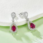 S925 Silver 3.9g Lab-Created Ruby Drop Earrings, 0.8ct 7x5mm Halo, Pair