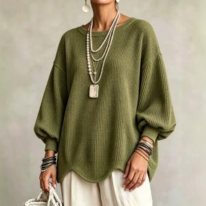 Women's Autumn Round-Neck Lantern-Sleeve Top With Irregular Wavy Hem