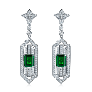 S925 Silver 11.3g Art Deco Lab-Created Emerald Drop Earrings, 3.65ct 9x7mm, Pair