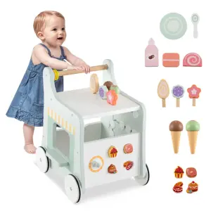 2-in-1 Baby Walker with 8 Fun Activities (Dessert Sorter/Adjustable Clock/Maze) + Side Shop Window (Role Play)-Light Green