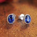 S925 Silver 1.9g Lab-Created Ruby Sapphire Earrings, 7x5mm Halo Studs, 2 Colors