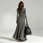 V-neck Double-breasted Long Sleeve Waist-controlled Large Hem Dress