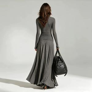 V-neck Double-breasted Long Sleeve Waist-controlled Large Hem Dress