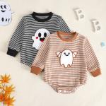 Baby Girl Waffle Knit Striped Long Sleeve Romper with Ghost Embroidery