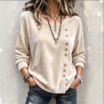 Solid-color Velvet Long-sleeve Top With Slanted Wooden Buttons Asymmetrical Round Neckline