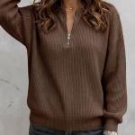 Women's Solid-color Zip-up Long-sleeve Casual Loose-fit Crew-neck Top