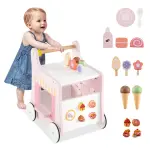 2-in-1 Baby Walker with 8 Fun Activities (Dessert Sorter/Adjustable Clock/Maze) + Side Shop Window (Role Play)-Pink