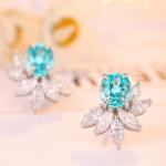 S925 Silver 7.3g Lab Created Gemstone Earrings, 10x8mm Multi-Color Flower Studs, Ruby Sapphire Emerald Paraiba