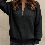 Women's Solid-color Zip-up Long-sleeve Casual Loose-fit Crew-neck Top