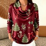 Autumn Christmas Tree Bow Print Turtleneck Printed Long-Sleeve Womens Top