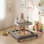 Grey Foldable Baby Walker with Detachable Tray & Shape Sorter Toys, 3-Level Height Adjustable for 6-12 Months