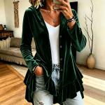 New Fallwinter Womens Hooded Solid-color Long-sleeve Loose-fit Button-front Cardigan