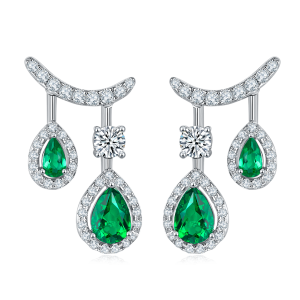 S925 Silver 4.9g 1.53ct Lab-Created Emerald Drop Earrings, Double Pear