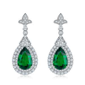 S925 Silver 5.4g Lab-Created Emerald Drop Earrings, 3.4ct 11x7mm Halo Pair