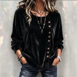 Solid-color Velvet Long-sleeve Top With Slanted Wooden Buttons Asymmetrical Round Neckline