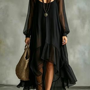 Women's Fashion Pure Color Mesh Irregular Flowy Dress